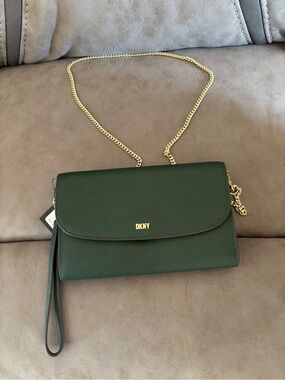 DKNY Dark Green Saffiano Crossbody with Gold Chain